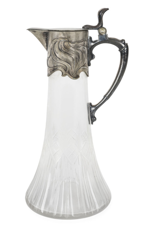 W.M.F. German Art Nouveau claret jug, silver plate and cut crystal, circa 1900. 30cm high