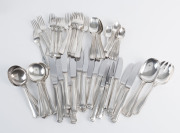 GEORG JENSEN Danish sterling silver cutlery set "Old Danish" pattern, setting for eight people (seven different knives, forks and spoons) plus four servers