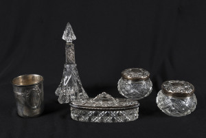 Assorted silver topped vanity ware and beaker, 19th and early 20th century, tallest 14.5cm high