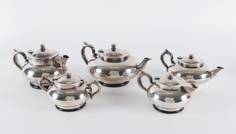 ROBUR and Challenge silver plated teapots, hot water pots and sugar basin, early 20th century, large teapot 25cm across