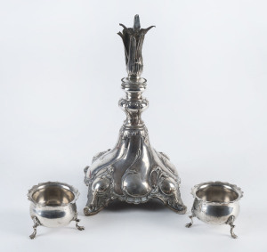 A pair of English sterling silver condiments made in Chester, circa 1901; together with a French silver epergne base, 19th century, 170 grams total