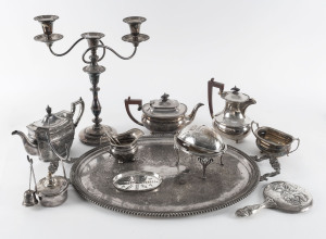 Silver plated tray, candelabra, teaware, brandy warmer, sterling silver mirror and spoons, 19th and 20th century, the tray 67cm across the handles