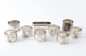 Nine assorted napkin rings including Australian sterling silver example by HAMMERTON of GEELONG