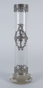 Whitehill English glass vase embellished with silver plate floral swags at top and base and with an Art Nouveau dancing girl featuring on the central band, 40cm high
