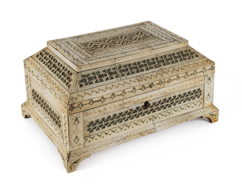 A Russian archangel walrus ivory and bone jewellery casket, 19th century, 12cm high, 24cm wide, 16cm deep