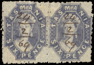 1867 (SG.104,107) 1d Carmine, unofficial pin perforations gauging 5½ to 9½ on fiscal & postally used singles (4) and on 6d Grey-violet fiscally used pair. (6). Scarce.