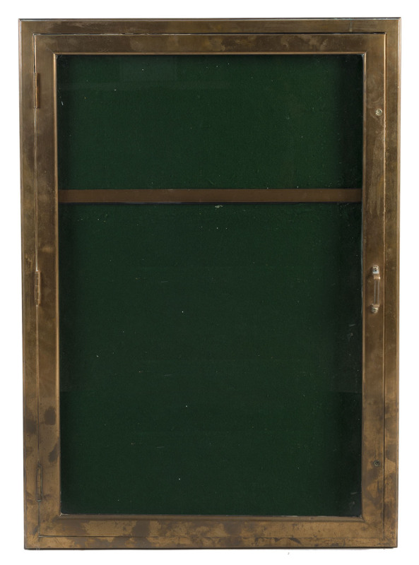 A wall mount display cabinet, brass and glass, 19th century, 107cm high, 72cm wide, 5.5cm deep