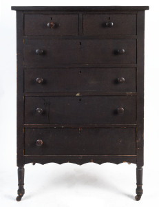 An American six drawer cottage chest, 19th century, 122cm high, 76cm wide, 52cm deep