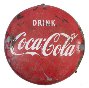 COCA-COLA vintage enamel advertising button sign, circa 1950, 94cm diameter