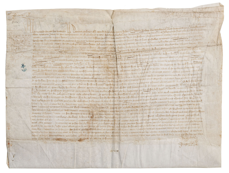 [MEDIEVAL MANUSCRIPT] Fourteenth Century legal document in old French. Single vellum sheet, approx. 31 x 40cm, dated (in a later hand) 1374 in upper left margin and 1478 on the outer surface; the text written in a neat, consistent hand, with two versal le