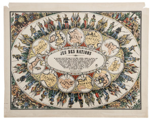 [CHILDREN'S GAME] Jeu des Nations by Imageries Reunies de Jarville-Nancy [France, circa 1890s] chromolithograph hand-enhanced in gold, with playing instructions at centre, surrounded by an inner ring of maps of European nations and an outer ring depicting