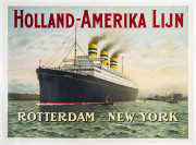 [OCEAN TRAVEL] HOLLAND-AMERIKA LIJN Rotterdam – New York, c1915 colour lithograph, 76 x 103cm. Linen-backed. “Van Leer, Amsterdam.” The SS Statendam (II) was launched in 1914.