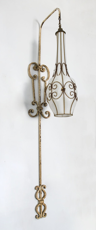 A Murano glass pendant light on wrought iron wall mount fitting, circa 1920s 137cm overall