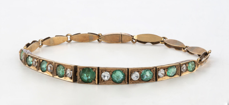 An antique bracelet, 9ct rose gold set with 8 diamonds and 9 emeralds, late 19th century, 9 grams total