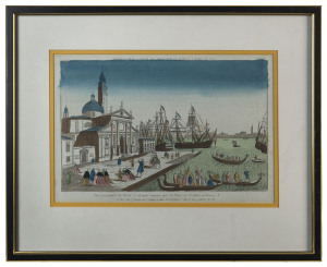 Seven 18th century French Vue D'Optique prints, hand coloured engravings, framed and mounted, image 28 x 45cm each