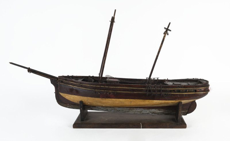 A model wooden ship on stand with painted finish, late 19th century, 89cm long