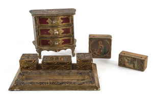 Florentine desk set, miniature chest and boxes, 20th century, the chest 20cm high