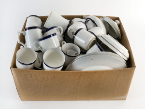 English porcelain dinner and teaware, white with blue and gilt trim, various makers, early 20th century,