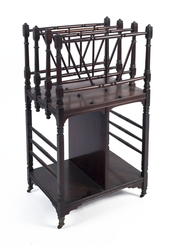 An English mahogany music Canterbury in the Arts and Crafts style, late 19th century, 86cm high, 45cm wide, 35cm deep