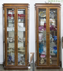 A pair of walnut display cabinets, late 20th century, 202cm high, 87cm wide, 30cm deep