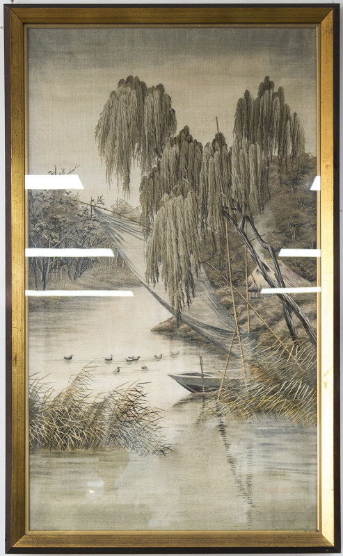 A Japanese fine silk embroidery of a rural scene, Meiji Period, 148cm x 85cm