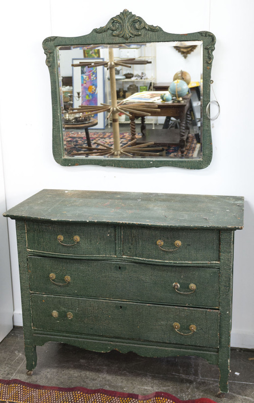 A depression era dressing chest with separate mirror, with original green crackle finished paint, mirror 88 x 87cm, chest 88cm high, 108cm wide, 51cm deep