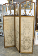 A Sheraton revival three fold screen with brocade silk panels, circa 1890, 179cm high, 138cm wide