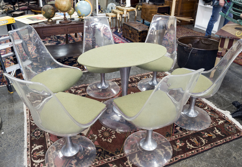 A seven piece retro perspex and chrome dining setting with oval glass top, circa 1970