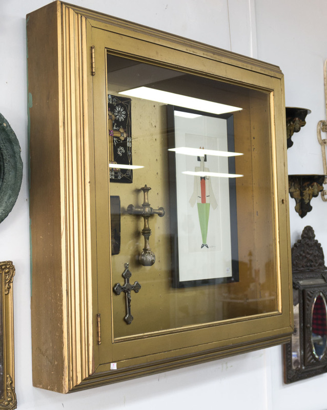 Theatre lobby show case, gilded timber and glass, early 20th century, 107cm high, 107cm wide, 21cm deep