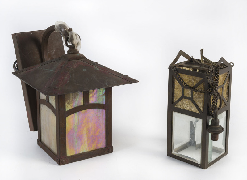 An Arts and Crafts portico light, copper and opaque glass; together with an American Arts and Crafts hanging light, circa 1910, 25cm and 22cm high