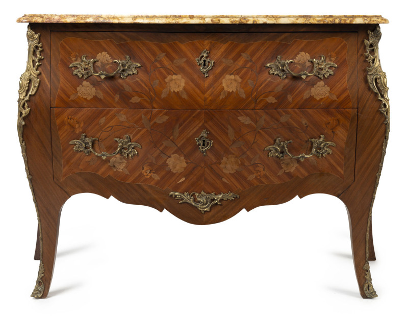 A French marquetry bombe comode with marble top, early 20th century, 84cm high, 128cm wide, 52cm deep