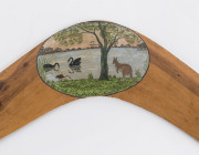 Boomerang with painted landscape river scene, MOIRA Station, near Deniliquin, N.S.W. circa 1930, ​44.5cm across - 2