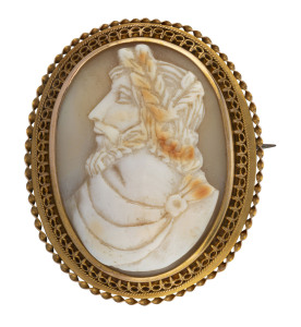 An Australian cameo brooch with portrait of Julius Caesar mounted in a fine 15ct gold mount, 19th century, housed in a James McBean & Son, Melbourne plush fitted box, 4.5cm high PROVENANCE: The Nicol family (nee Flora McFarlane). James Nicol & Sons Produ