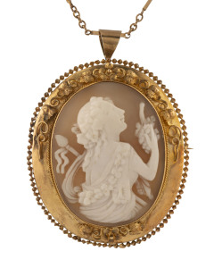 Lamborn & Wagner gold cameo brooch, circa 1850s,wearable as a pendant on an associated link & bar chain.Marked "L & W" on the hinge of the pin. 