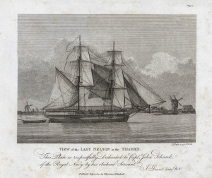 View of the LADY NELSON in the THAMES wood engraving from "The Narrative of a Voyage of Discovery, performed in His Majesty's Vessel the Lady Nelson in the years 1800, 1801, and 1802..." by James Grant, published in London in 1803. 14 x 19.5cm (image). O