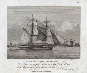 View of the LADY NELSON in the THAMES wood engraving from "The Narrative of a Voyage of Discovery, performed in His Majesty's Vessel the Lady Nelson in the years 1800, 1801, and 1802..." by James Grant, published in London in 1803. 14 x 19.5cm (image). On 13 November 1798, a