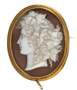 An antique cameo brooch with profile portrait of "FLORA" set in yellow gold mount, 19th century, housed in original plush fitted box. 4.5cm high PROVENANCE: The Nicol family (nee Flora McFarlane). The Nicol family ran the James Nicol & Sons Produce Store