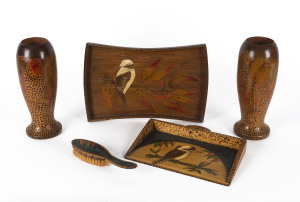 Australian poker work vases, serving tray and crumb tray with brush, early 20th century, the vases 25cm high