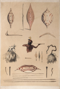 GEORGE FRENCH ANGAS [1822 – 1886], The Aboriginal Inhabitants, and Native Weapons and Implements. two lithographs, printed with tint stone and hand-colouring, from "South Australia Illustrated", 1847, each approx 44 x 33cm.