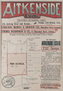 GEELONG DISTRICT REAL ESTATE: "AITKINSIDE ESTATE" auction poster, March 1921 for "720 Acres Situate in the far-famed BARRABOOL HILLS DISTRICT...close to the village of CERES, 6 miles from GEELONG". Offset lithograph, 72 x 47cm.