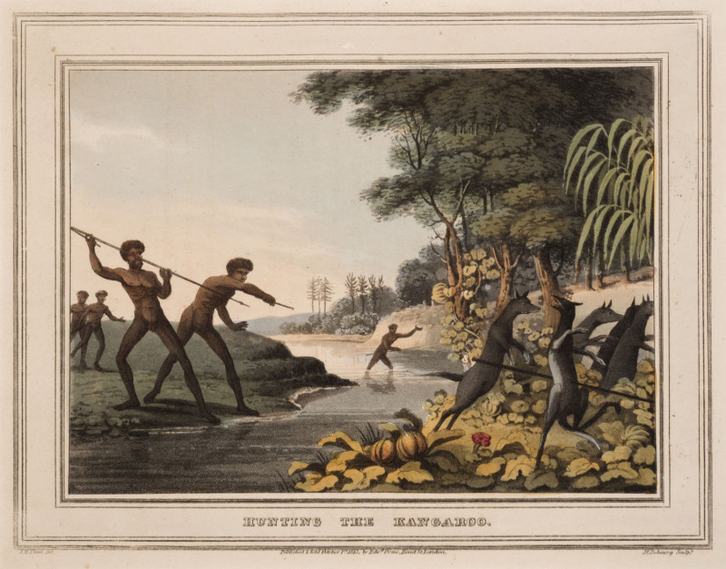 JOHN HEAVISIDE CLARK (1770-1813), Hunting the Kangaroo, coloured aquatint from "Field Sports of the Native Inhabitants of New South Wales", Published by Edward Orme, London, 1813, 17 x 22.5cm.