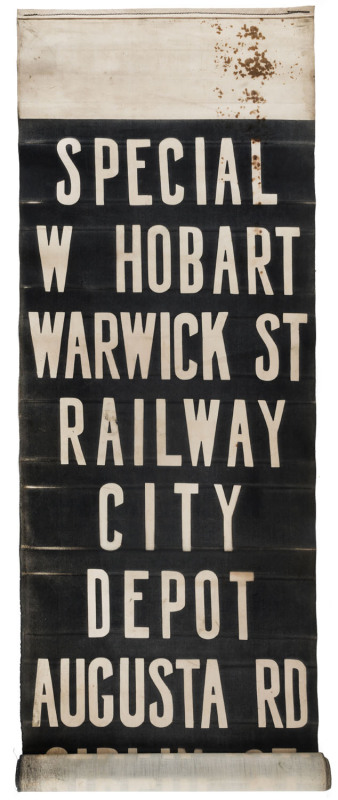 Hobart Tramways: original destination roll, 46cm wide, 312cm long, circa 1950s. Electric trams operated in Hobart 1893-1960.