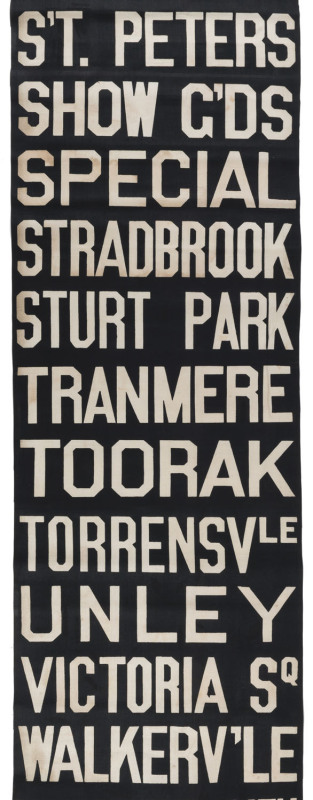 Adelaide Bus Destination Roll: original, circa 1960s, 47.5cm wide, 970cm long. Destination rolls were replaced in 1970 by route number signage.