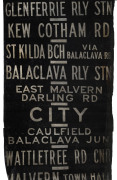 Melbourne Tramways destination roll, original Eastern Suburban lines, circa 1970s, with destinations/routes including Glenferrie Railway Station, St. Kilda Beach, Caulfield, Balaclava Junction, Malvern Town Hall, Chapel Street, Toorak Orrong Road, Prahran