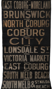 Melbourne Tramways destination roll, original Northern & Western Suburban lines, circa 1960s, with destinations/routes including East Coburg - Moreland, Brunswick, North Coburg, Coburg, Victoria Market, South Melb Beach, St.Kilda Beach, St.K Junction, Dom