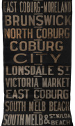 Melbourne Tramways destination roll, original Northern & Western Suburban lines, circa 1960s, with destinations/routes including East Coburg - Moreland, Brunswick, North Coburg, Coburg, Victoria Market, South Melb Beach, St.Kilda Beach, St.K Junction, Dom