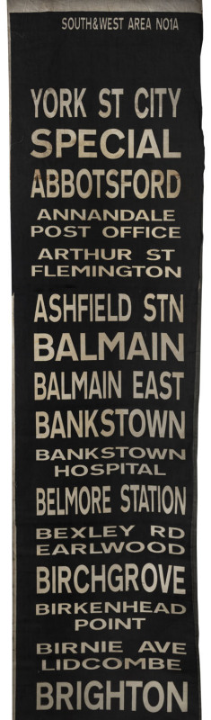 Sydney Bus destination roll, original 1970s vintage, headed "SOUTH & WEST AREA NO1A" and listing various routes/destinations including Abbotsford, Ashfield Stn, Balmain, Bankstown, Bankstown Hospital, Belmore Station, Birkenhead Point, Brighton, Broadway