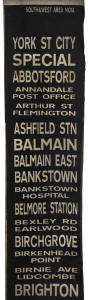 Sydney Bus destination roll, original 1970s vintage, headed "SOUTH & WEST AREA NO1A" and listing various routes/destinations including Abbotsford, Ashfield Stn, Balmain, Bankstown, Bankstown Hospital, Belmore Station, Birkenhead Point, Brighton, Broadway 