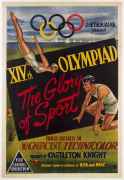 [MOVIE POSTER] XIVth Olympiad. The Glory Of Sport 1948 Colour lithograph, 102 x 69cm. Linen-backed. Text includes “J. Arthur Rank presents… Filmed entirely in magnificent Technicolor. Produced by Castleton Knight. Specially flown to Australia by QEA a