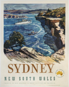 Richard Ashton (1913-2001). SYDNEY NEW SOUTH WALES [From North Head], c1950s colour process lithograph, signed in image lower left, 102 x 77cm. Linen-backed.